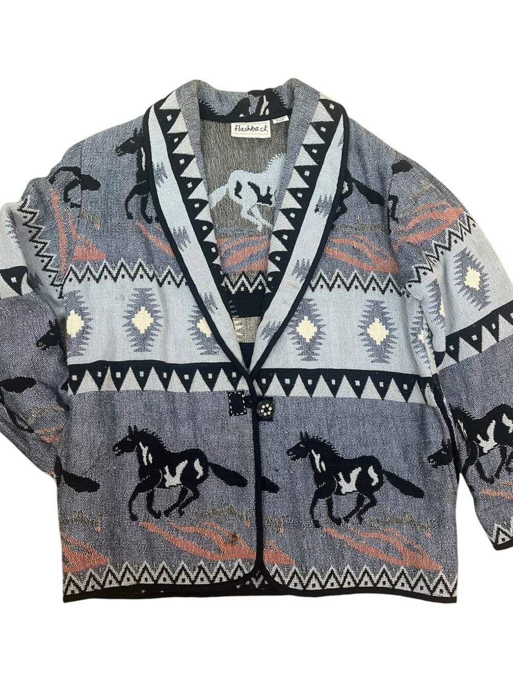 Southwestern Tapestry Jacket Horse Western Woven Blanket Blazer Womens Large